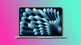The M4 MacBook Air on a pink and blue background