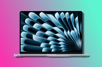 The M4 MacBook Air on a pink and blue background